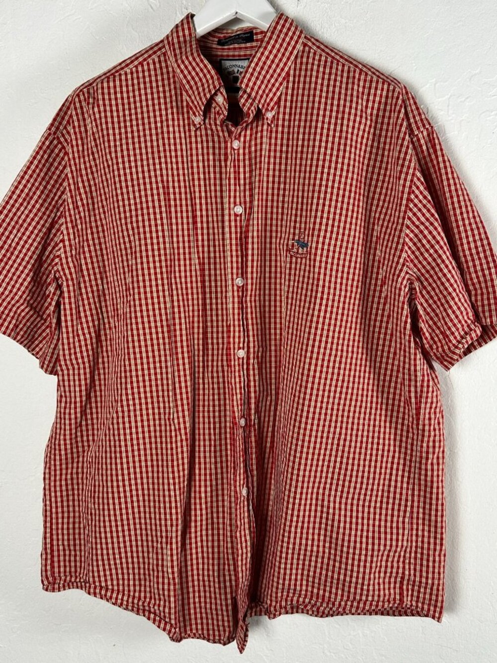 Faconnable Mens XXL Red Plaid Button-Down Short-Sleeve Shirt Cotton Embroidered